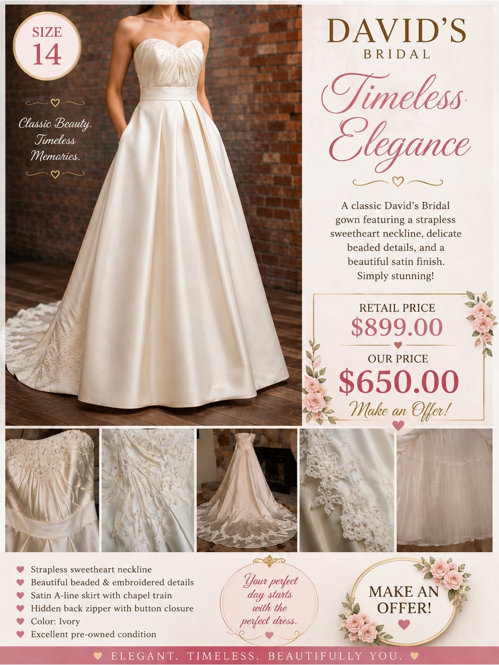 David’s Bridal Timeless Elegance Ivory Satin Wedding Gown